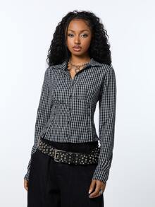 COUREZ Long Sleeve Buttons Side Detail Shirt In Check /Y2K Tops For Women Fall Clothes For Women Autumn Winter Clothes For Women Casual Going Out Tops - Black and White - View 4