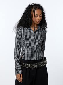 COUREZ Long Sleeve Buttons Side Detail Shirt In Check /Y2K Tops For Women Fall Clothes For Women Autumn Winter Clothes For Women Casual Going Out Tops - Black and White - View 5