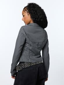 COUREZ Long Sleeve Buttons Side Detail Shirt In Check /Y2K Tops For Women Fall Clothes For Women Autumn Winter Clothes For Women Casual Going Out Tops - Black and White - View 3