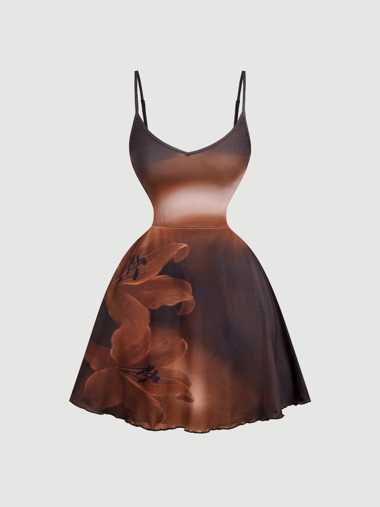 SHEIN MOD Women's Solid Color Bell Sleeve Front Knot Top Floral Print Cami Dress 2 Pieces Set Night Out Vacation Brown Fall Sexy Tropical Club Chocolate Brown - Brown - View 10