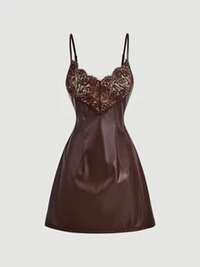 SHEIN MOD Gaun Mini Kulit Cokelat Tua dengan Tali Renda untuk Pesta Halloween, Malam Hari di Musim Gugur, Seksi - Coklat - View 9