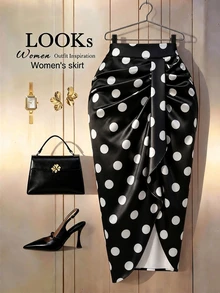 GlowEve CURVE Plus Size Women's Minimalist Casual Pleated Design Black & White Contrast Polka Dot Bodycon Skirt, Versatile For Commuting And Outings Fall - Black - View 3