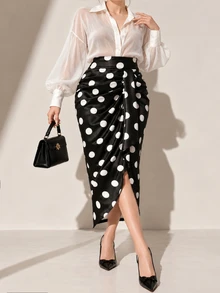 GlowEve CURVE Plus Size Women's Minimalist Casual Pleated Design Black & White Contrast Polka Dot Bodycon Skirt, Versatile For Commuting And Outings Fall - Black - View 6
