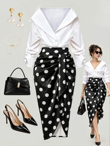 GlowEve CURVE Plus Size Women's Minimalist Casual Pleated Design Black & White Contrast Polka Dot Bodycon Skirt, Versatile For Commuting And Outings Fall - Black - View 1