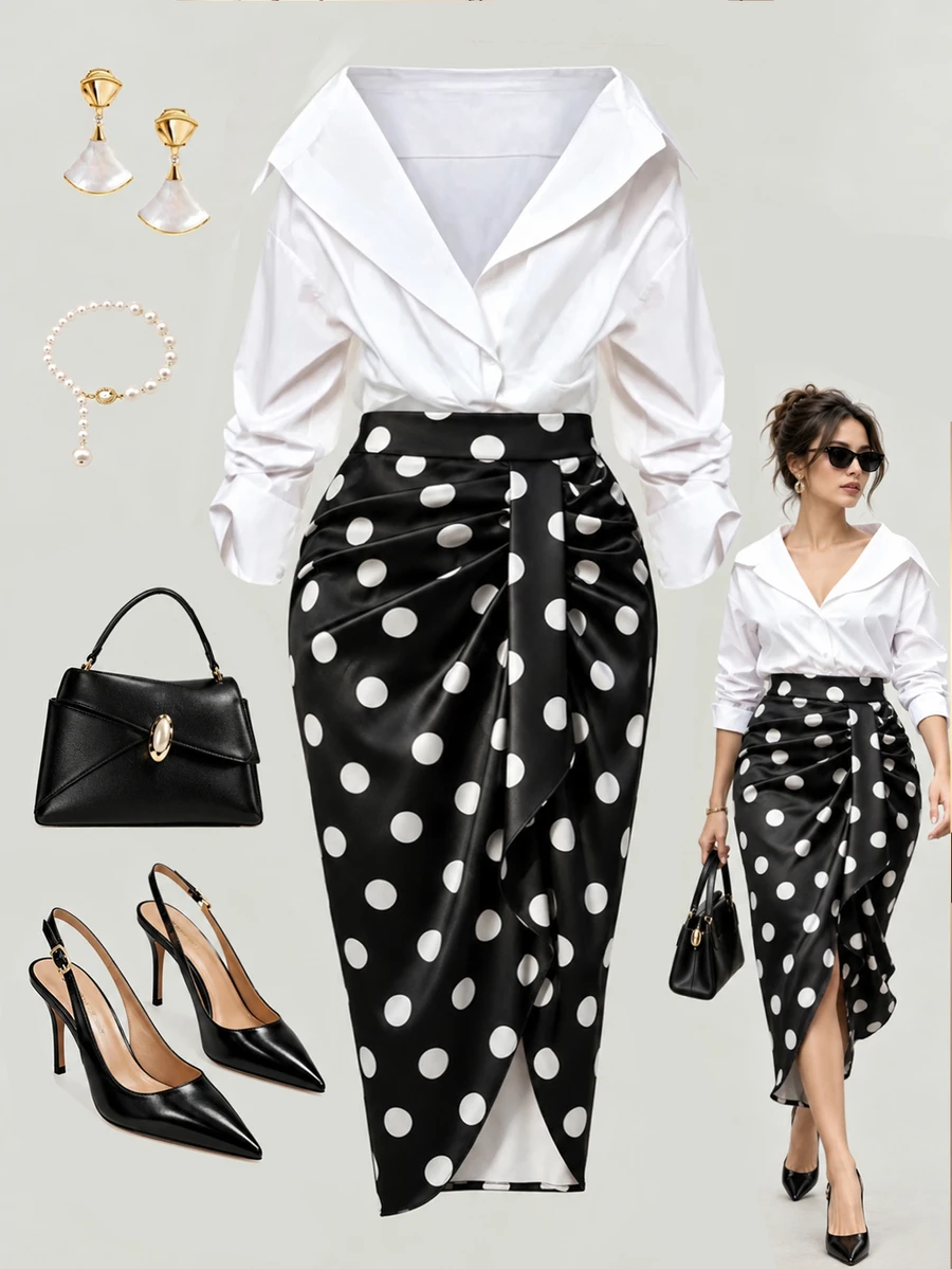 GlowEve CURVE Plus Size Women's Minimalist Casual Pleated Design Black & White Contrast Polka Dot Bodycon Skirt, Versatile For Commuting And Outings Fall - Black - View 1