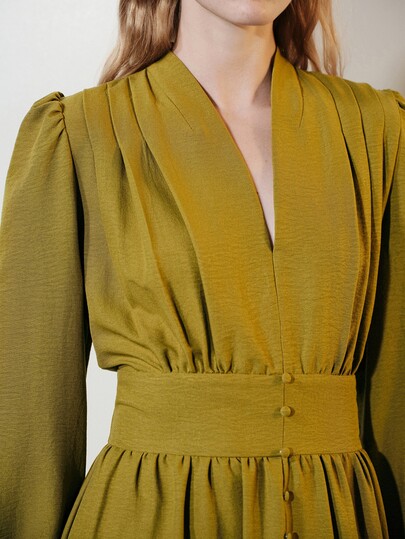 Aveloria Modichic Women's Dress High Waist A-Line Pleated Texture V Neck Wide Waistband Slit Lantern Sleeve Elegant Mustard Yellow Fall Clothes For Women
