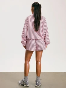 Athîral Women's Striped Long Sleeve Top And Shorts Casual Daily Sports Set - Pink - View 3