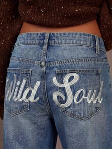 Athîral Denim 女款時尚鈕扣口袋寬鬆牛仔褲 - 藍色 - 查看 2