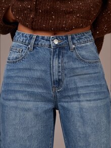 Athîral Denim 女款時尚鈕扣口袋寬鬆牛仔褲 - 藍色 - 查看 6