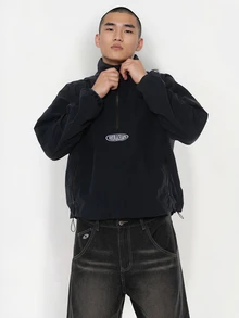 FORM&CHAOS Men's Black Embroidered High Neck Zip-Up Jacket, Fall/ Vacation Sports Streetwear - Navy Blue - View 1