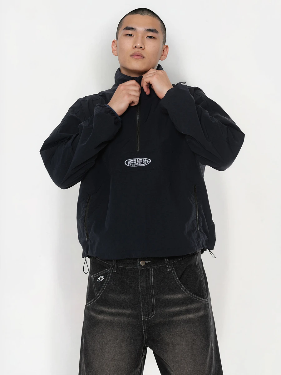 FORM&CHAOS Men's Black Embroidered High Neck Zip-Up Jacket, Fall/ Vacation Sports Streetwear - Navy Blue - View 1
