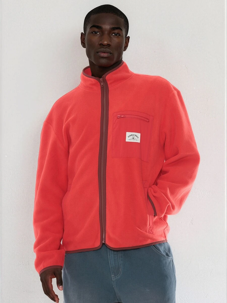 FORM&CHAOS Men's Ruby Red Fleece Pocket Jacket, Fall/ Jogging Beach Casual Streetwear - Red - View 1