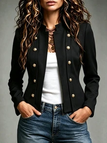 SHEIN LUNE Vintage Black Velvet Short Military Jacket With Stand Collar, Red Trim And Metal Buttons - Navy Blue - View 4