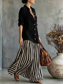 SHEIN Holidaya Women's Fashion Colorblock Patchwork Long Sleeve Collared Single-Breasted Striped Flared Long Dress, Suitable For Casual, Commute, Minimalist Wear - Black - View 4