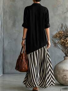 SHEIN Holidaya Women's Fashion Colorblock Patchwork Long Sleeve Collared Single-Breasted Striped Flared Long Dress, Suitable For Casual, Commute, Minimalist Wear - Black - View 2