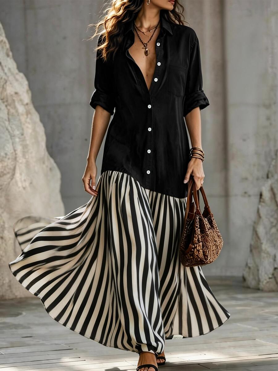 SHEIN Holidaya Women's Fashion Colorblock Patchwork Long Sleeve Collared Single-Breasted Striped Flared Long Dress, Suitable For Casual, Commute, Minimalist Wear - Black - View 1