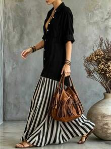 SHEIN Holidaya Women's Fashion Colorblock Patchwork Long Sleeve Collared Single-Breasted Striped Flared Long Dress, Suitable For Casual, Commute, Minimalist Wear - Black - View 6