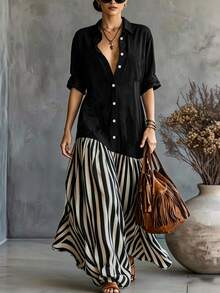 SHEIN Holidaya Women's Fashion Colorblock Patchwork Long Sleeve Collared Single-Breasted Striped Flared Long Dress, Suitable For Casual, Commute, Minimalist Wear - Black - View 3