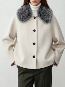 SHEIN Women's Fur Collar Single-Breasted Short Overcoat Loose Drop Shoulder Silhouette Office Night Everyday Cream White Fall Mature French Elegant - Apricot - View 4