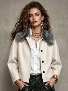 SHEIN Women's Fur Collar Single-Breasted Short Overcoat Loose Drop Shoulder Silhouette Office Night Everyday Cream White Fall Mature French Elegant - Apricot - View 1