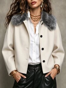 SHEIN Women's Fur Collar Single-Breasted Short Overcoat Loose Drop Shoulder Silhouette Office Night Everyday Cream White Fall Mature French Elegant - Apricot - View 6