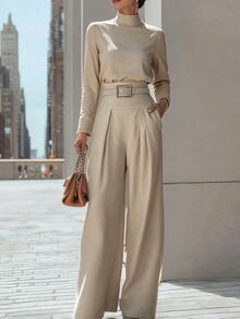 SHEIN Casual Elegant Versatile High Neck Shirt And Pleated Pocket Wide Leg Pants 2 Pieces Set Office Beige Fall - Khaki - View 6