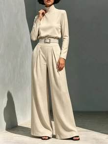 SHEIN Casual Elegant Versatile High Neck Shirt And Pleated Pocket Wide Leg Pants 2 Pieces Set Office Beige Fall - Khaki - View 4