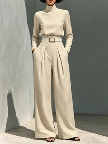 SHEIN Casual Elegant Versatile High Neck Shirt And Pleated Pocket Wide Leg Pants 2 Pieces Set Office Beige Fall - Khaki - View 2