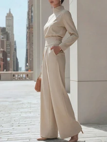 SHEIN Casual Elegant Versatile High Neck Shirt And Pleated Pocket Wide Leg Pants 2 Pieces Set Office Beige Fall - Khaki - View 5
