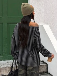 Coolane 女款秋冬街頭風休閒外出 Y2K 黑色條紋不對稱肩長袖百搭 T-shirt，萬聖節穿搭 - 黑色 - 查看 9