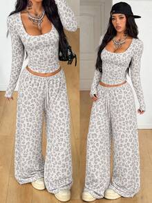 Coolane Women's Plus Size Fall Winter Casual Streetwear Daily Wear Gym Grey Leopard Print T-Shirt And Wide Leg Sweatpants Outfits 2 Pieces Set - Light Grey - View 4