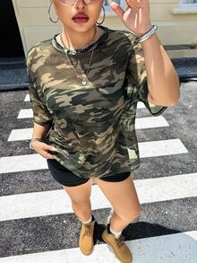 Muchica Plus Size See-Through Camouflage Print T-Shirt-Military Green - Multicolor - View 5