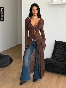 Coolane Women Fall/All-Season Streetwear Boho Fairycore Daily Wear Rave Renaissance Fair Hippie Music Festival BrownTexturMesh Straps Ruffle Ribbon Long Coat - Brown - View 7