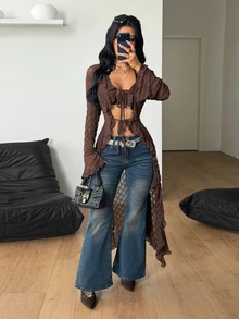 Coolane Women Fall/All-Season Streetwear Boho Fairycore Daily Wear Rave Renaissance Fair Hippie Music Festival BrownTexturMesh Straps Ruffle Ribbon Long Coat - Brown - View 8