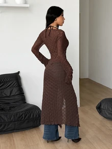 Coolane Women Fall/All-Season Streetwear Boho Fairycore Daily Wear Rave Renaissance Fair Hippie Music Festival BrownTexturMesh Straps Ruffle Ribbon Long Coat - Brown - View 9