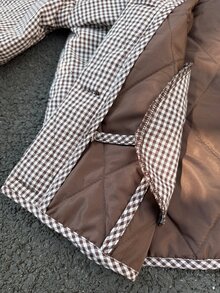 Serisse 女款棕色格紋棒球領長袖單排扣休閒冬季夾克 - 棕色 - 查看 8