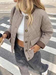 Serisse 女款棕色格紋棒球領長袖單排扣休閒冬季夾克 - 棕色 - 查看 3