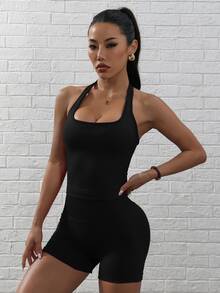 Slayform Slayform 女士纯色露背吊带上衣和短裤瑜伽健身套装 - 黑色 - 查看 6