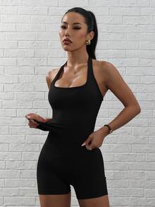 Slayform Slayform 女士纯色露背吊带上衣和短裤瑜伽健身套装 - 黑色 - 查看 10