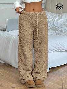 Flirla Quần dài nữ màu trơn, eo rút dây, phong cách thường ngày thoải mái - Màu Khaki - Xem 6