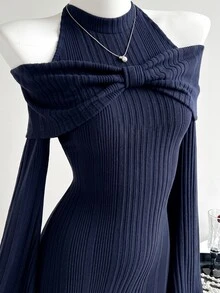 Elamini Gaun Pendek Wanita Hitam Bertekstur dengan Hiasan Pita dan Bahu Terbuka, Seksi dan Pas Badan, Musim Gugur/Dingin - Navy Blue - View 4