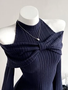 Elamini Gaun Pendek Wanita Hitam Bertekstur dengan Hiasan Pita dan Bahu Terbuka, Seksi dan Pas Badan, Musim Gugur/Dingin - Navy Blue - View 5