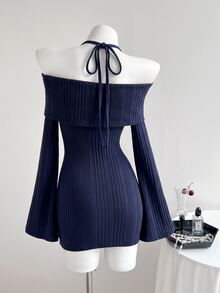 Elamini Gaun Pendek Wanita Hitam Bertekstur dengan Hiasan Pita dan Bahu Terbuka, Seksi dan Pas Badan, Musim Gugur/Dingin - Navy Blue - View 2