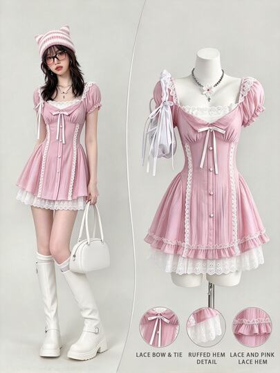 Elamini Sweet Cottagecore Girly Bowknot Patchwork Ruffle Contrast Color Puff Sleeve Cinched Waist Mini Dress For Women Tea Party Brunch Pink And White Summer