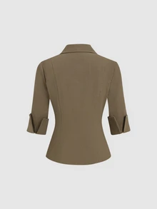 Sweetra Women's New Pure Cotton Minimalist Slim Fit Commuter Office Wear, Elegant, High-Intellect Style, Two-Way Zipper Design, New Short Sleeve V-Neck Blouse - Coffee Brown - View 2
