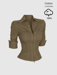 Sweetra Women's New Pure Cotton Minimalist Slim Fit Commuter Office Wear, Elegant, High-Intellect Style, Two-Way Zipper Design, New Short Sleeve V-Neck Blouse - Coffee Brown - View 1
