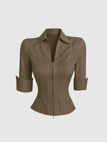Sweetra Women's New Pure Cotton Minimalist Slim Fit Commuter Office Wear, Elegant, High-Intellect Style, Two-Way Zipper Design, New Short Sleeve V-Neck Blouse - Coffee Brown - View 4
