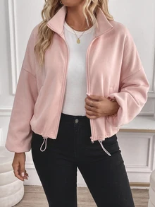 SHEIN Tall CURVE Plus Size Minimalist Casual Baggy Zipper Long Sleeve Pocket Drawstring Sweatshirt Fall Vacation Going Out Light Pink - Baby Pink - View 8