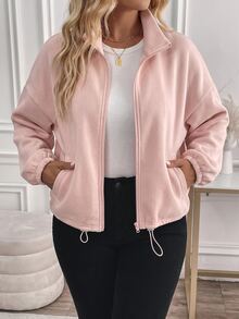 SHEIN Tall CURVE Plus Size Minimalist Casual Baggy Zipper Long Sleeve Pocket Drawstring Sweatshirt Fall Vacation Going Out Light Pink - Baby Pink - View 10