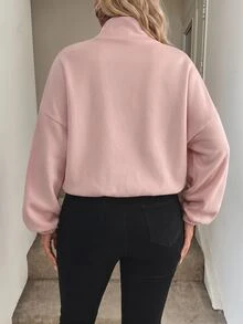 SHEIN Tall CURVE Plus Size Minimalist Casual Baggy Zipper Long Sleeve Pocket Drawstring Sweatshirt Fall Vacation Going Out Light Pink - Baby Pink - View 6